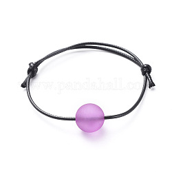 Bracelets réglables en corde de polyester ciré, avec perles rondes en acrylique transparent givré, violette, 2-1/4 pouce ~ 3-1/8 pouces (5.7~8 cm)