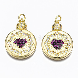 Brass Micro Pave Cubic Zirconia Pendants, with Jump Rings, Nickel Free, Flat Round with Heart, Real 16K Gold Plated, Medium Violet Red, 24.5x18x3mm, Hole: 3mm