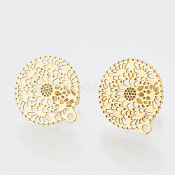 304 Stainless Steel Stud Earring Findings, with Loop, Flat Round, Golden, 16.5x15mm, Hole: 1mm, pin: 0.7mm