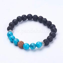 Natural Lava Rock Beads Stretch Bracelets, with Synthetic Turquoise Beads, Bodhi and Alloy Findings, Antique Silver, 2-1/8 inch(55mm)
