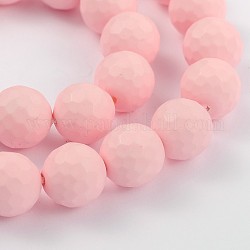 Faceted Round Shell Pearl Bead Strands, Frosted, Pink, 8mm, Hole: 1mm, about 48pcs/strand, 15.7inch