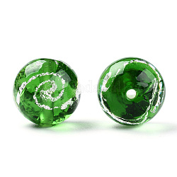 Perles vernissées de feuille en argent manuelles, ronde, verte, 13~14mm, Trou: 1.6~1.8mm