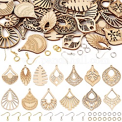 Pandahall bricolage kit de fabrication de boucles d'oreilles géométriques, y compris des pendentifs en bois de peuplier naturel non teint en forme de larme, de losange, de cerf-volant et de feuille, crochets et anneaux de saut en laiton, burlywood, 146 pcs / boîte