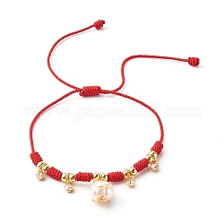 Adjustable Nylon Thread Cord Bracelets, with Alloy Natural Pearl & Brass Rhinestone Charms, Red, 1/8 inch(0.4cm), Inner Diameter: 1 inch(2.5~10cm)