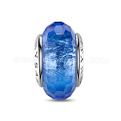 Europäische Perlen aus tinysand facettiertem Glas, mit platinierten 925 Doppeladern aus Sterlingsilber, großes Loch Rondell Perlen, Blau, 8.24~8.76x13.98~14.98 mm, Bohrung: 4.18~4.31 mm