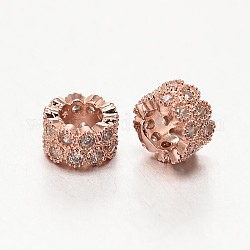 Brass Micro Pave Grade AAA Cubic Zirconia European Large Hole Beads, Column, Cadmium Free & Nickel Free & Lead Free, Real Rose Gold Plated, 8x4.5mm, Hole: 4mm