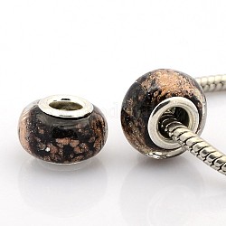 Main effet de sable d'or de Murano grand trou européen perles rondelle, avec couleur argent plaqué doubles noyaux de cuivre, noir, 14x9mm, Trou: 5mm