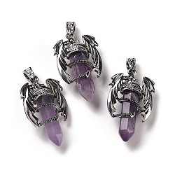 Natural Amethyst Pointed Pendants, Faceted Bullet Charms, with Rack Plating Platinum Tone Alloy Dragon Findings, Cadmium Free & Lead Free, 39~41x24~25x13~14mm, Hole: 4x8mm