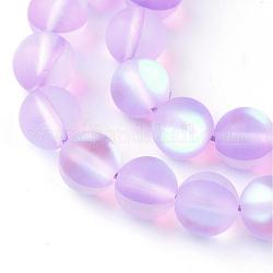 Chapelets de perles en pierre de lune synthétique, perles holographiques, teinte, mat, ronde, lilas, 8mm, Trou: 1mm, Environ 45~47 pcs/chapelet, 14~15 pouce