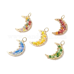 Glass Bead Moon Pendants, with Brass Open Back Bezel Pendants Finding, Mixed Color, 26~26.5x18~19x3~4mm, Hole: 4.6mm