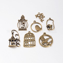 Mixed Shapes Bird & Birdcage Themed Tibetan Style Alloy Pendants, Nickel Free and Lead Free, Antique Bronze, 23~34x15~25x1~6mm, Hole: 2mm, 7pcs/set