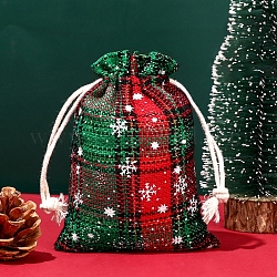 Borse con coulisse in tela a tema natalizio, buste rettangolari in tartan per forniture per feste di Natale, verde scuro, 14x10cm