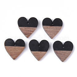Pendenti in resina e legno di noce, cuore, nero, 18x17.5x3.5~4mm, Foro: 1.5 mm