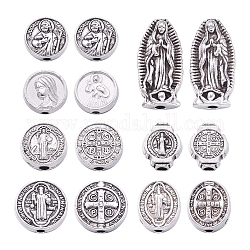 Spritewelry 70pcs 7 cuentas de aleación de estilo, tema religioso, formas mixtas, plata antigua y plata, 9~18x8~10x2.5~6mm, agujero: 1~1.8 mm