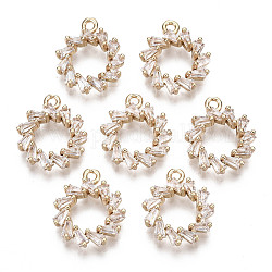 Brass Micro Pave Cubic Zirconia Pendants, Long-Lasting Plated, Ring, Light Gold, Clear, 15x13x3mm, Hole: 1.4mm