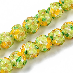 Chapelets de perles vernissées manuelles, cahoteuse, ronde avec des fleurs, jaune vert, 12~13x11~12mm, Trou: 1mm, Environ 45 pcs/chapelet, 19.29 pouce (49 cm)