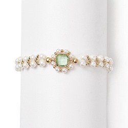 Pulsera de perlas de vidrio y concha, delicada pulsera trenzada con cuentas para mujer, verde claro, 7-1/2 pulgada (19 cm)