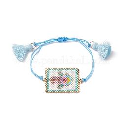 Bracelets de perles tressées rectangle de graines japonaises faites à la main, bracelet à breloques pompon pour femme, motif de paume, pendentif: 40x27x1.5 mm, diamètre intérieur maximum : 3-1/2 pouce (9 cm)