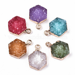 Druzy Resin Pendants, with Edge Light Gold Plated Iron Loops, Hexagon, Mixed Color, 19x13x6.5mm, Hole: 1.8mm