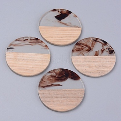 Resin & Wood Pendants, Two Tone, Flat Round, Brown, 38x2~3mm, Hole: 2mm
