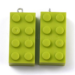 Pendentifs acryliques opaques, avec boucle en fer platine, breloques de bloc de construction rectangle long, vert jaune, 36x16x11.5mm, Trou: 1.5mm