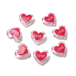 Perles acryliques transparentes imprimées, coeur avec amour, rose foncé, 17.5x20x5mm, Trou: 3mm