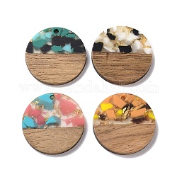 Transparent Resin & Walnut Wood Pendants, with Gold Foil, Flat Round Charm, Mixed Color, 28x3mm, Hole: 2mm