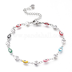 304 Stainless Steel Link Bracelets, with Enamel and Lobster Claw Clasps, Evil Eye & Heart, Stainless Steel Color, Colorful, 8-1/4 inch(21cm), Eye: 11x4x2.5mm