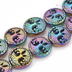 Electroplate Non-magnetic Synthetic Hematite Beads Strands, Flat Round with Tree of Life, Multi-color Plated, 12~12.5x4~4.5mm, Hole: 1mm, about 30pcs/strand, 14.56 inch