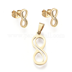 Infinity 304 conjuntos de joyas de acero inoxidable, colgantes y pendientes, con las tuercas de oreja, dorado, 22x8x1mm, agujero: 5.5x3.3 mm, 11x4.5 mm, pin: 0.7 mm