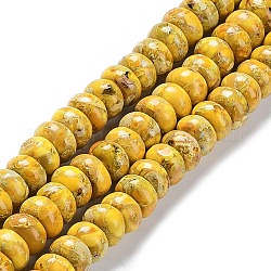 Hilos de cuentas de jaspe imperial natural, teñido, rerondana plana, oro, 8x5mm, agujero: 0.7 mm, aproximamente 80~84 pcs / cadena, 15.94~16.14 pulgada (40.5~41 cm)