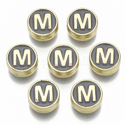 Legierung Emaille-Perlen, Cadmiumfrei und Nickel frei und Bleifrei, flach rund mit Anfangsbuchstaben, Licht Gold, letter.m, 8x4 mm, Bohrung: 1.5 mm