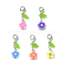 Flower Handmade Polymer Clay Pendant Decorations, Leaf Transparent Acrylic and Alloy Lobster Claw Clasps Charm, Platinum, 29mm