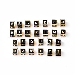 Accumuler des perles d'émail en laiton placage, Sans cadmium & sans nickel & sans plomb, véritable 18k plaqué or, cube avec la lettre a`z, noir, 6x6x6mm, Trou: 2.5mm