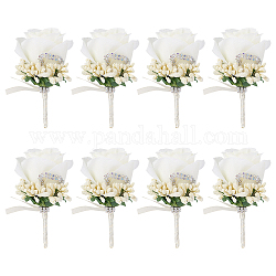 CRASPIRE Boutonnieres for Men Wedding Corsage Set of 8 White Rose Groom Boutonniere with Rhinestone for Groom and Best Man for Wedding Party Prom Anniversary Bride Bridesmaid Groomsmen