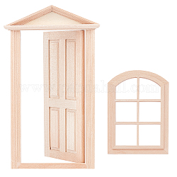 Pandahall elite 2 pcs 2 style décorations pour la maison en bois naturel, modèle de meuble miniature, pour les accessoires de maison de poupée faisant semblant de décorations d'accessoires, fenêtre de porte, burlywood, 104x75x8mm