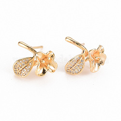 Brass Micro Pave Clear Cubic Zirconia Earring Findings, for Half Drilled Beads, Nickel Free, Flower, Real 18K Gold Plated, 16.5x14.5mm, Pin: 0.6mm, Pin: 0.6mm(for half drilled beads)