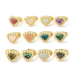 Verstellbarer Herzring aus natürlichen gemischten Edelsteinen mit Perlen aus Kunststoff, Echter 14 Karat vergoldeter Messingschmuck, Innendurchmesser: 17~18 mm