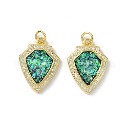 Brass Micro Pave Cubic Zirconia Pendants, with Synthetic Opal and Jump Ring, Shield Shape, Real 18K Gold Plated, 20.5x15x3mm, Hole: 3.5mm
