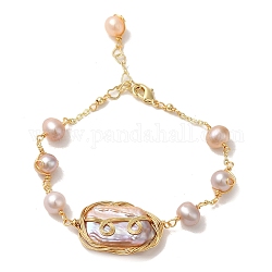 Pulseras de enlace de perlas naturales, pulsera envuelta en alambre de latón, real 14k chapado en oro, 6-1/2 pulgada (16.4 cm)