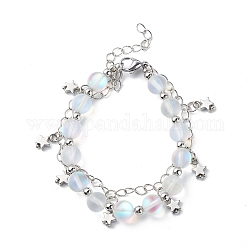 Bracelet multirangs perles rondes pierre de lune synthétique, bracelet double couche breloques étoiles en laiton pour femme, 7-1/8 pouce (18 cm)
