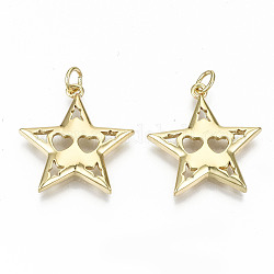 Brass Pendants, with Jump Rings, Nickel Free, Hollow, Star with Heart, Real 16K Gold Plated, 22.5x21x2.5mm, Jump Ring: 5x0.8mm, 3.4mm inner diameter
