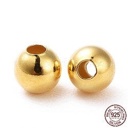 925 стерлингов серебряные шарики Spacer, круглые, золотые, 4 мм, отверстие : 1.4~1.5 мм