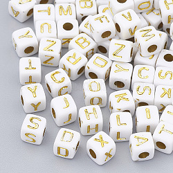 Pandahall perline acriliche placcate da 50 g, metallo allacciati, foro orizzontale, cubo con lettera, oro placcato, 4.5x4.5x4.5mm, Foro: 3 mm