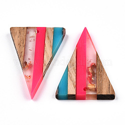 Pendentifs en résine transparente et bois de noyer, une feuille d'or, charme triangulaire, rose foncé, 32.5x21.5x3.5mm, Trou: 2mm