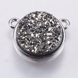 Charms in resina druzy, con accessori in ottone, rotondo e piatto, platino, argento, 9.5x12x3.5~4mm, Foro: 1.5 mm