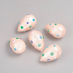 Perles de nacre nacrées, avec l'émail, texturé, larme, avec le mauvais œil, peachpuff, 24~25.5x15.5~16.5mm, Trou: 1mm