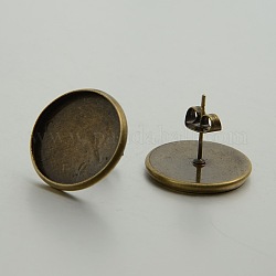 Nickel Free Brass Stud Earring Settings, Flat Round, Antique Bronze, Tray: 18mm Inner Diameter, 20mm Diameter, Pin: 0.6mm