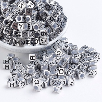 6mm Mixed Letter Cube Metalized Plastic Beads, Antique Silver