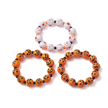 Set di braccialetti elasticizzati con perline rotonde rotonde in acrilico e legno di Halloween da 3 pz e 3 stili all'ingrosso
